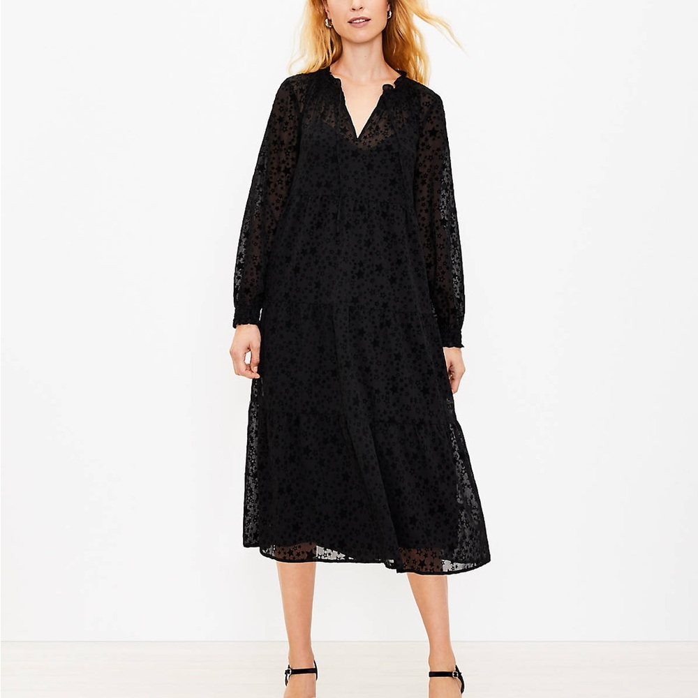 LOFT Star Midi Swing Dress Black Velvet Burnout Medium‎ Fairy Cottage Ruffles